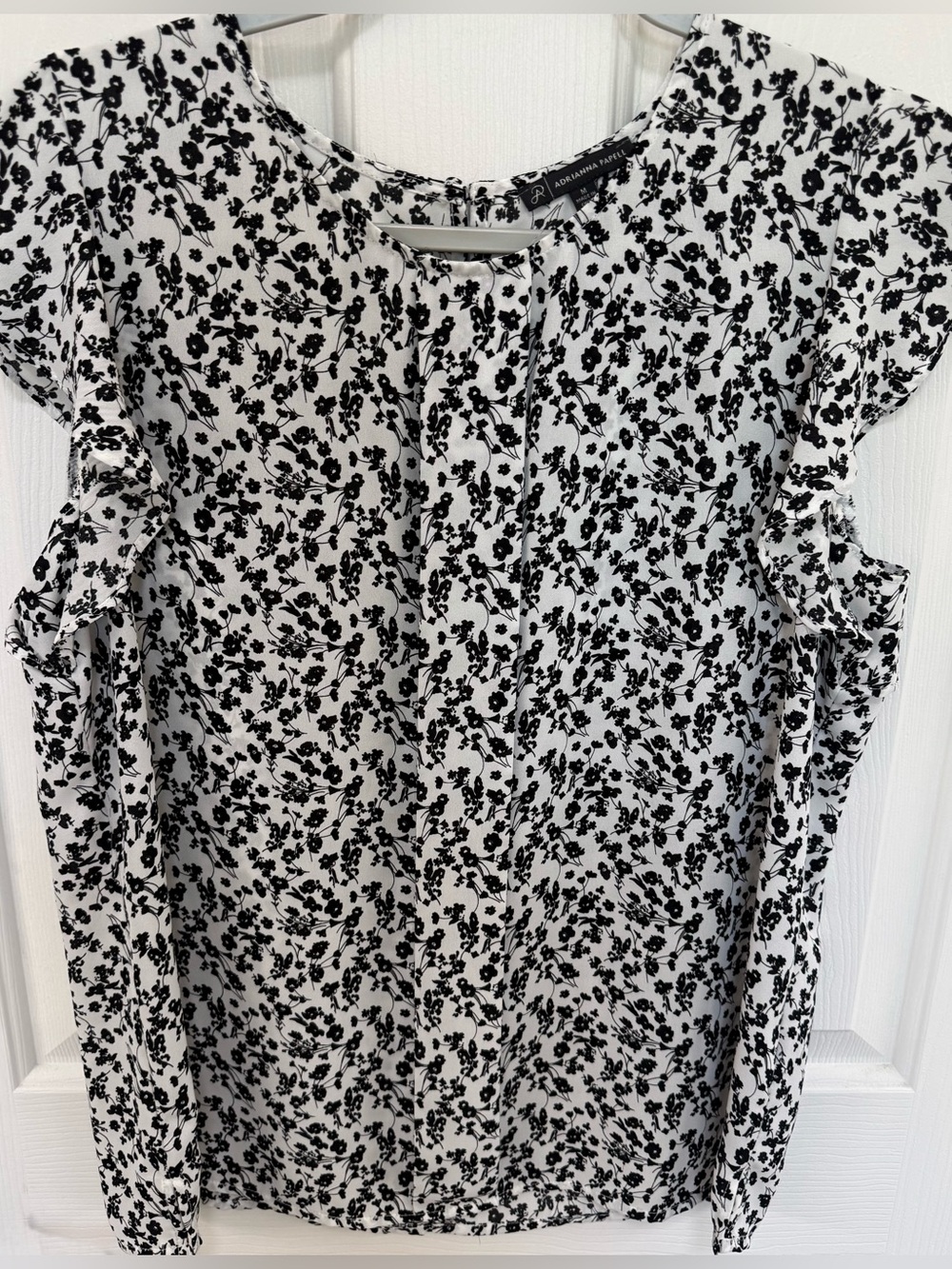 Adrianna Papell Micro-Pleated Flutter Sleeve Black & White Blouse.